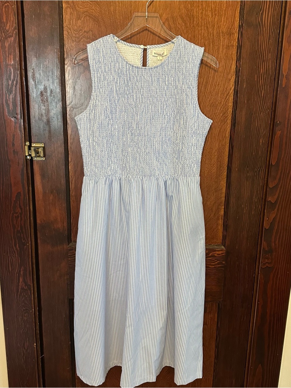 Women’s L Light Blue Striped Smocked Bodice Dress